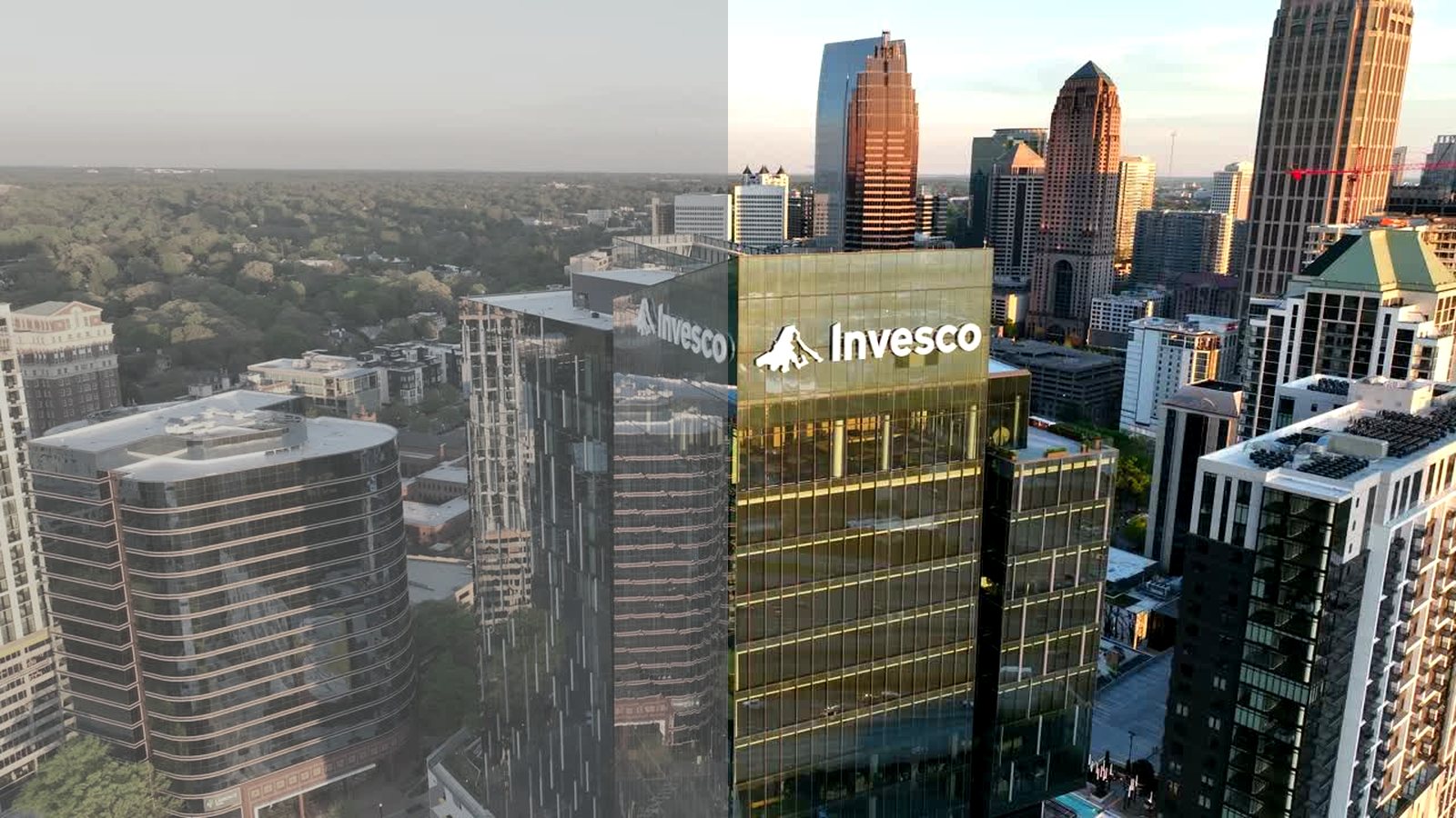 Split frame comparing flat log aerial footage with the same shot after grading