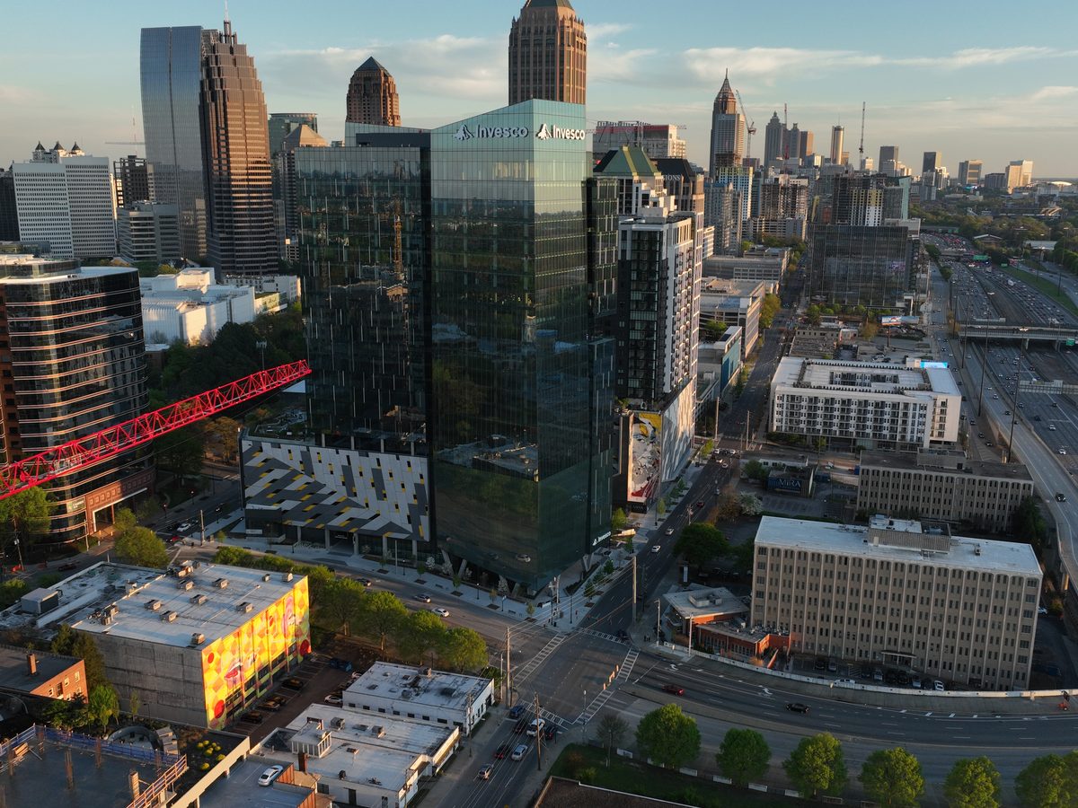 Tower crane and construction site in Midtown Atlanta seen from above