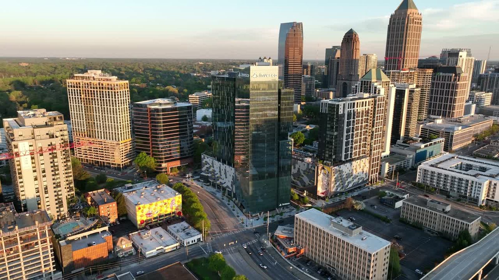 Aerial view of Midtown Atlanta towers and streets in afternoon light