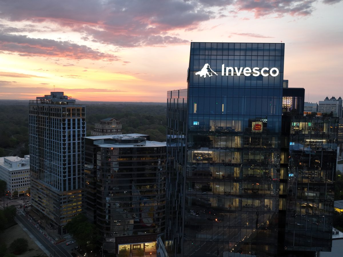 Midtown Atlanta office tower photographed from the air at dusk