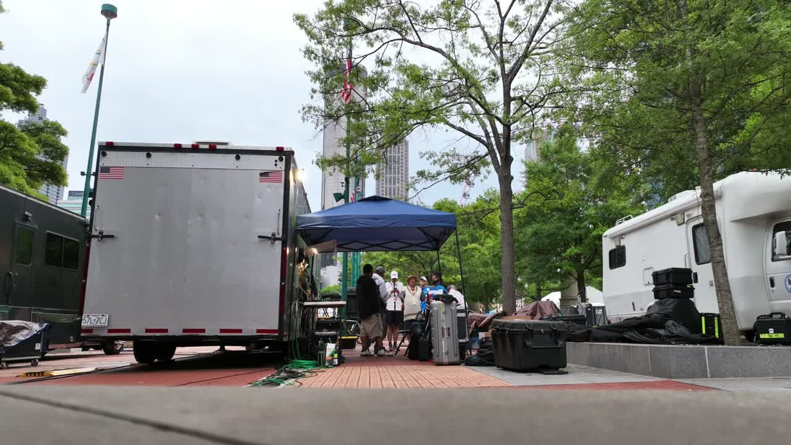 Production trucks and crew staging area seen from the air
